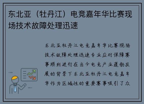 东北亚（牡丹江）电竞嘉年华比赛现场技术故障处理迅速
